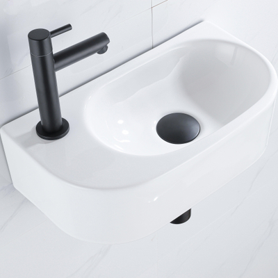 QeramiQ Fuente Fonteinset - 40x21.5x12cm - links - glad - halfrond - 1 kraangat - keramiek - fonteinkraan wit mat - afvoerplug - verlaagd sifon - wit glans