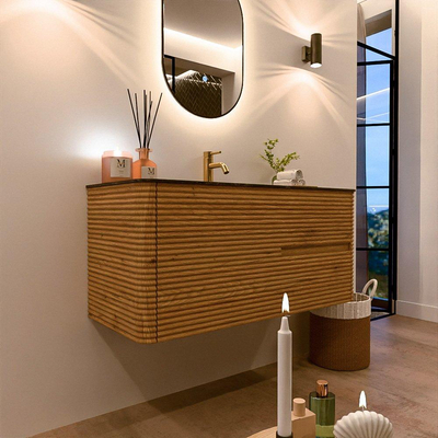 Mondiaz CIRO-DLUX Badkamermeubelset - 110x45x50cm - Solid surface wastafel Lava - 1 wasbak Midden - 1 kraangat - 2 lades - Oak