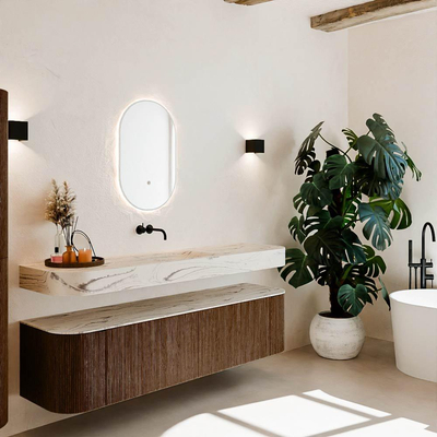 MONDIAZ THOR-DLUX 180cm meuble de salle de bains arrondi gauche + droite couleur Walnut avec 2 tiroirs et 2 portes. Vasque suspendue CLOUD Milieu sans trou de robinet couleur Nata.