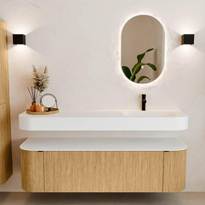 MONDIAZ THOR 160cm meuble de salle de bains arrondi gauche + droite couleur Chêne avec 1 tiroir et 2 portes. Vasque suspendue CLOUD Droite 1 trou de robinet couleur Talc.