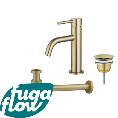 FugaFlow Eccelente Sobrado Badkamer Slim Wastafelkraanset - lage wastafelkraan - always open plug - verlaagde design sifon - PVD Geborsteld Messing