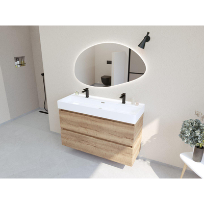 HR badmeubelen Infinity XXL 3D Ensemble meuble de salle de bains - 120 cm - 1 lavabo en céramique kube blanc - 2 trous de robinet - 2 tiroirs - chêne français