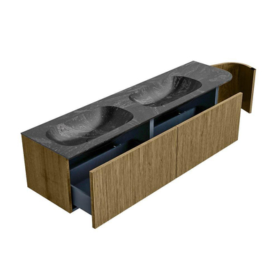 Mondiaz KURVE-DLUX Ensemble de meubles de salle de bains - 175x46x40cm - 2 tiroirs - 1 porte - lavabo solid surface - double / gauche - sans trou de robinet - Dusk