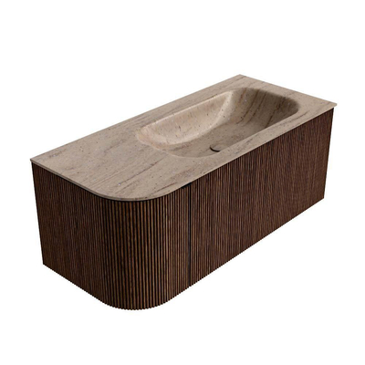 MONDIAZ KURVE-DLUX Meuble de salle de bains 105cm arrondi à gauche couleur Walnut avec 1 tiroir et 1 porte. Lavabo BIG SMALL à droite 1 trou de robinet Saba.