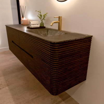 Mondiaz CIRO-DLUX Meuble de salle de bains - 170x45x50cm - Plan vasque solid surface Lava - 1 vasque à droite - 1 trou de robinet - 4 tiroirs - Noyer