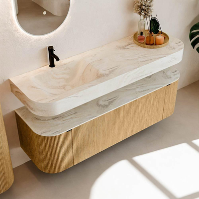 MONDIAZ THOR-DLUX 150cm badmeubel ronding links + rechts kleur Oak met 1 lade en 2 deuren. Vrijhangende wastafel CLOUD Links 1 kraangat kleur Ostra.