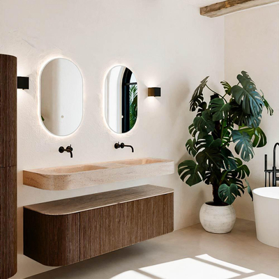 MONDIAZ THOR-DLUX 150cm meuble de salle de bains arrondi gauche + droite couleur Walnut avec 1 tiroir et 2 portes. Vasque suspendue CLOUD Double sans trou de robinet couleur Saba.