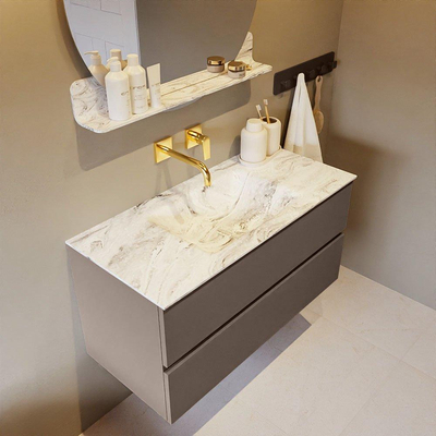 Mondiaz VICA-DLUX Ensemble de meuble de salle de bain - 100cm - meuble sous-vasque fumée - 2 tiroirs - lavabo encastré nuage milieu - sans trous de robinet - version haute de 60cm - glace