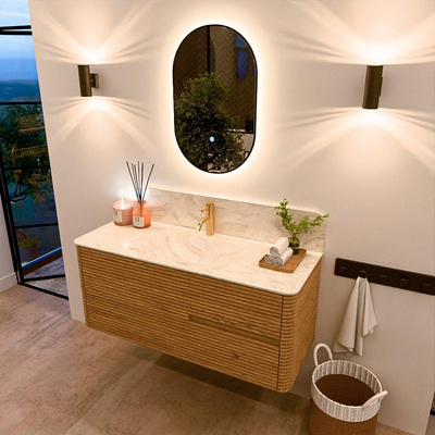 Mondiaz CIRO-DLUX Badkamermeubelset - 120x45x50cm - Solid surface wastafel Ostra - 1 wasbak Midden - 1 kraangat - 2 lades - Oak