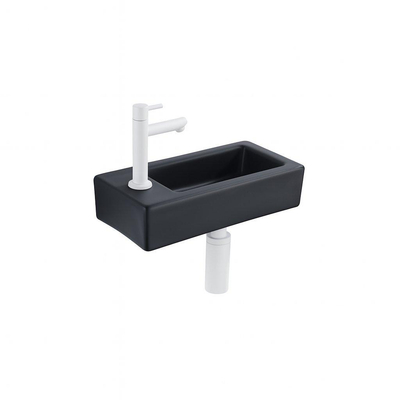 QeramiQ Fuente Ensemble lave-mains - 37.5x18.5x9cm - céramique - trou de robinet à gauche - robinet lave-mains blanc mat - clapet de vidage - siphon abaissé - noir mat