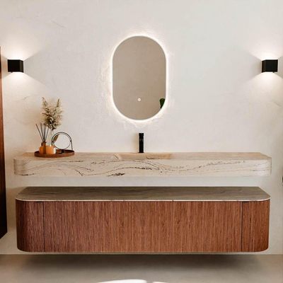 MONDIAZ THOR-DLUX 200cm meuble de salle de bains arrondi gauche + droite couleur Ruby avec 2 tiroirs et 2 portes. Vasque suspendue CLOUD Milieu 1 trou de robinet couleur Arena.