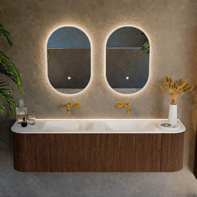 MONDIAZ KURVE 170cm badmeubel met module 25 Len R kleur Walnut met 1 lade en 2 deuren. Wastafel CLOUD dubbel zonder kraangat Talc.