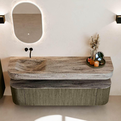 MONDIAZ THOR-DLUX Meuble de salle de bains 170cm arrondi gauche + droite couleur Shadow avec 1 tiroir et 2 portes. Vasque suspendue CLOUD Gauche sans trou de robinet couleur Oza.