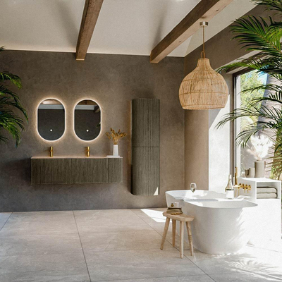 MONDIAZ KURVE-DLUX 145cm meuble de salle de bains arrondi Droite couleur Shadow avec 1 tiroir et 1 porte. Lavabo LEAF Double / Gauche 2 trous de robinet Arena.