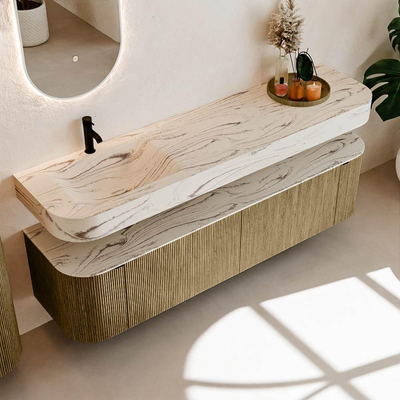 MONDIAZ THOR-DLUX 180cm meuble de salle de bains arrondi gauche + droite couleur Dusk avec 2 tiroirs et 2 portes. Vasque suspendue CLOUD gauche 1 trou de robinet couleur Nata.