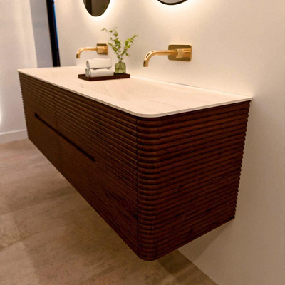 Mondiaz CIRO-DLUX Badkamermeubelset - 160x45x50cm - Solid surface wastafel Meli - 2 wasbak Dubbel - zonder kraangaten - 4 lades - Ruby