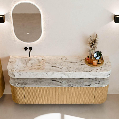 MONDIAZ THOR-DLUX Meuble de salle de bains - 170cm - arrondi gauche + droite - couleur Oak - 1 tiroir - 2 portes - Vasque suspendue CLOUD Gauche sans trou de robinet - couleur Glace