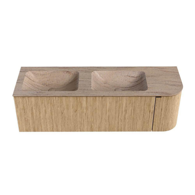 MONDIAZ KURVE-DLUX Meuble de salle de bains 145cm arrondi à droite couleur Oak avec 1 tiroir et 1 porte. Plan-vasque LEAF Double / Gauche 2 trous de robinet Saba.