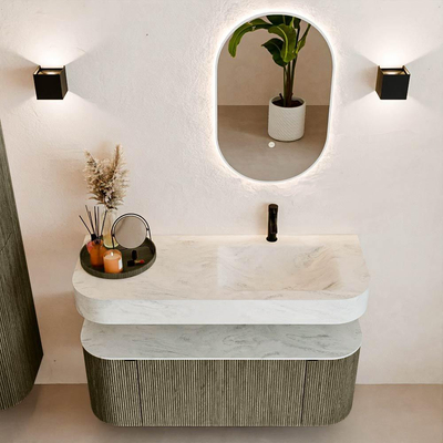 MONDIAZ THOR-DLUX 120cm badmeubel ronding links + rechts kleur Shadow met 1 lade en 2 deuren. Vrijhangende wastafel CLOUD Rechts 1 kraangat kleur Opalo.