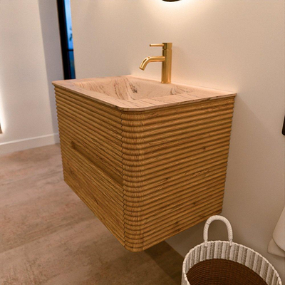 Mondiaz CIRO-DLUX Meuble de salle de bains - 70x45x50cm - Plan vasque en solid surface Arena - 1 vasque au milieu - 1 trou de robinetterie - 2 tiroirs - Chêne