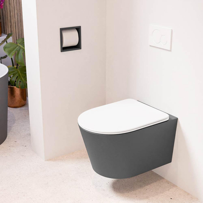 Mondiaz LAVIE hangtoilet – spoelrandloos – 36 x 53 cm – met softclose zitting – Dark grey (grijs), zitting Talc (wit)
