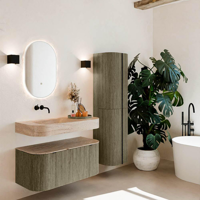 MONDIAZ THOR-DLUX 100cm meuble de salle de bains arrondi gauche + droite couleur Shadow avec 1 tiroir et 2 portes. Vasque suspendue CLOUD gauche sans trou de robinet couleur Saba.