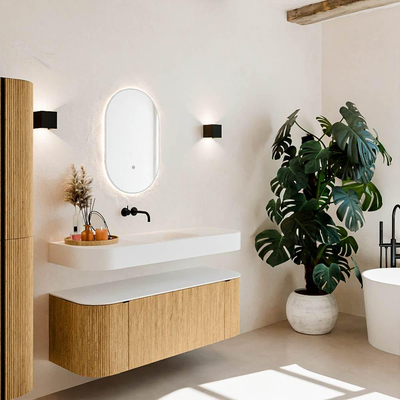 MONDIAZ THOR 130cm meuble de salle de bains arrondi gauche + droite couleur Oak avec 1 tiroir et 2 portes. Vasque suspendue CLOUD Milieu sans trou de robinet couleur Talc.