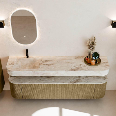 MONDIAZ THOR-DLUX Meuble de salle de bains 190cm arrondi gauche + droite couleur Dusk avec 2 tiroirs et 2 portes. Vasque suspendue CLOUD Gauche 1 trou de robinet couleur Frappe.