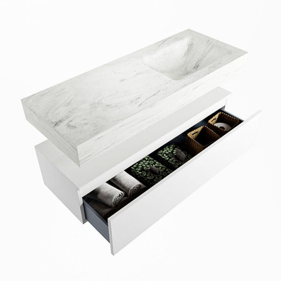 Mondiaz ALAN-DLUX Ensemble de meuble - 120cm - meuble Talc mat - 1 tiroir - Lavabo Cloud Opalo suspendu - vasque Droite - 1 trou de robinet