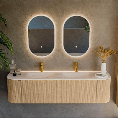 MONDIAZ KURVE-DLUX 170cm meuble de salle de bains arrondi Gauche + Droite couleur Oak avec 1 tiroir et 2 portes. Lavabo LEAF Double 2 trous de robinet Meli.
