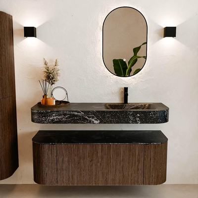 MONDIAZ THOR-DLUX 130cm meuble de salle de bains arrondi gauche + droite couleur Walnut avec 1 tiroir et 2 portes. Vasque suspendue CLOUD Droite 1 trou de robinet couleur Lava.