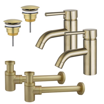 FortiFura Calvi Kit robinet lavabo - pour double vasque - robinet bas - bonde non-obturable - siphon design bas - Laiton brossé PVD