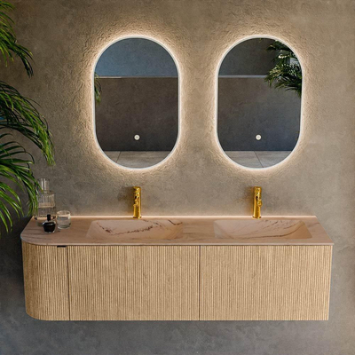 MONDIAZ KURVE-DLUX Meuble de salle de bains 155cm arrondi à gauche couleur Oak avec 2 tiroirs et 1 porte. Lavabo LEAF Double / Droite 2 trous de robinet Arena.