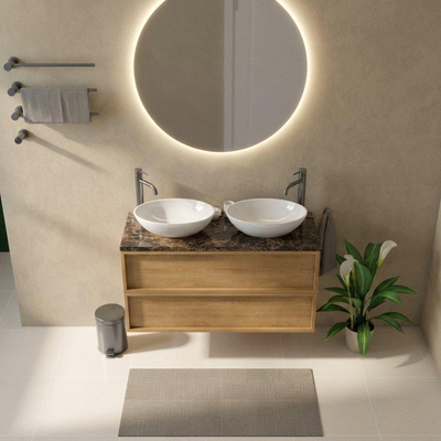 Saniclass Holz Frame Ensemble de meuble de salle de bains - 120x45x63cm - Plan de travail en pierre naturelle Noche dark emperador - 2 trous de robinet - 2 tiroirs - chêne natural mat (bois)