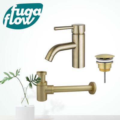 FugaFlow Eccelente Sobrado Badkamer Wastafelkraanset - lage wastafelkraan - always open plug - verlaagde design sifon - PVD Geborsteld Messing