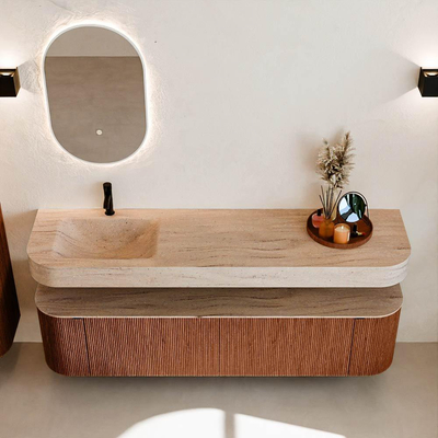 MONDIAZ THOR-DLUX 180cm meuble de salle de bains arrondi gauche + droite couleur Ruby avec 2 tiroirs et 2 portes. Vasque suspendue CLOUD Gauche 1 trou de robinet couleur Saba.