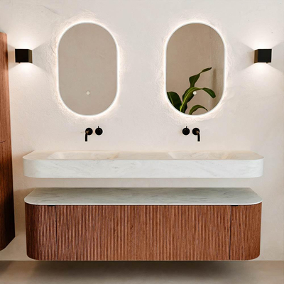 MONDIAZ THOR-DLUX 170cm meuble de salle de bains arrondi gauche + droite couleur Ruby avec 1 tiroir et 2 portes. Vasque suspendue CLOUD Double sans trou de robinet couleur Opalo.