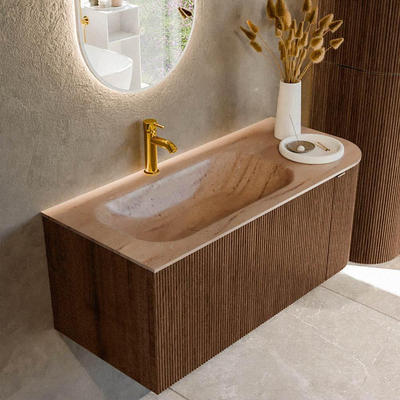 MONDIAZ KURVE-DLUX meuble de salle de bain 105cm courbe à droite couleur noyer avec 1 tiroir et 1 porte. Lavabo BIG SMALL à gauche 1 trou de robinet Saba.