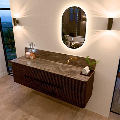 Mondiaz CIRO-DLUX Badkamermeubelset - 170x45x50cm - Solid surface wastafel Oza - 1 wasbak Rechts - zonder kraangaten - 4 lades - Walnut