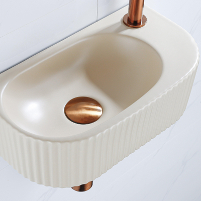 QeramiQ Fuente Ensemble de lavabo - 40x21.5x12cm - droite - nervuré - demi-rond - 1 trou de robinet - céramique - robinet de lavabo cuivre brossé - bonde - siphon abaissé - beige