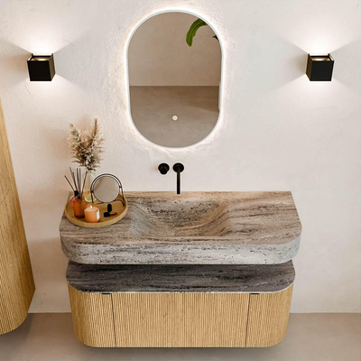 MONDIAZ THOR-DLUX 120cm badmeubel ronding links + rechts kleur Oak met 1 lade en 2 deuren. Vrijhangende wastafel CLOUD Midden zonder kraangat kleur Oza.