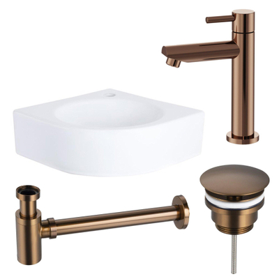 QeramiQ Fuente pack lave-mains d'angle – 30 x 30 x 10 cm – perçage à droite – robinet cuivre – sans cadre