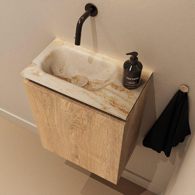 MONDIAZ TURE-DLUX meuble WC 40 cm Washed Oak. Lavabo EDEN Frappe position gauche. Sans trou de robinet.