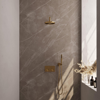 Brauer Gold Edition douche thermostatique à effet pluie avec bouton-poussoir 51 20cm pommeau de douche bras mural courbe barre de douche à main flexible de douche raccord mural coude doré brossé pvd