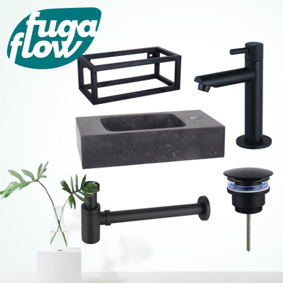 FugaFlow Eccelente Arredo fonteinset - 40x22x24.5cm - 1 kraangat - natuursteen - zwart frame - fonteinkraan zwart mat - zwart - Black Friday -