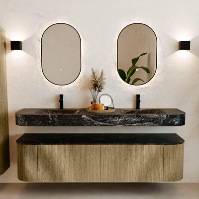 MONDIAZ THOR-DLUX 180cm meuble de salle de bains arrondi gauche + droite couleur Dusk avec 2 tiroirs et 2 portes. Vasque suspendue CLOUD Double 2 trous de robinet couleur Lava.