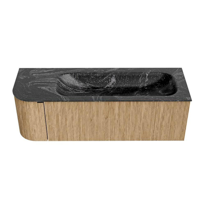MONDIAZ KURVE-DLUX Meuble de salle de bains 135 cm avec module 25 L couleur Oak avec 1 tiroir et 1 porte. Lavabo BIG MEDIUM à droite sans trou de robinet couleur Lava.