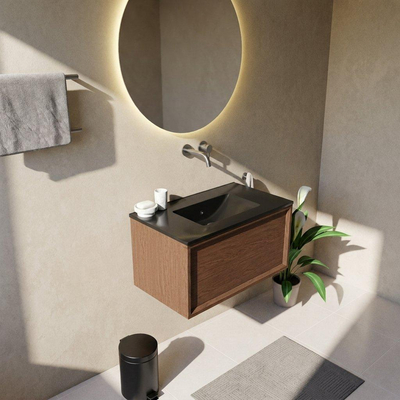 Saniclass Holz Frame Ensemble meuble de salle de bains - 80x45x42cm - Vygo lavabo en céramique noir - 1 vasque - sans trou de robinet - 1 tiroir - noyer pure mat (bois)