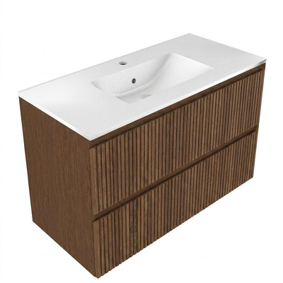 Saniclass Holz Atelier Ensemble de meubles de salle de bains - 100x45x62cm - Vasque en céramique Vygo blanche - 1 vasque - 1 trou de robinet - 2 tiroirs - walnut pure mat (bois)