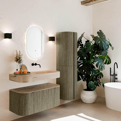 MONDIAZ THOR-DLUX 100cm meuble de salle de bains arrondi gauche + droite couleur Shadow avec 1 tiroir et 2 portes. Vasque suspendue CLOUD droite sans trou de robinet couleur Arena.